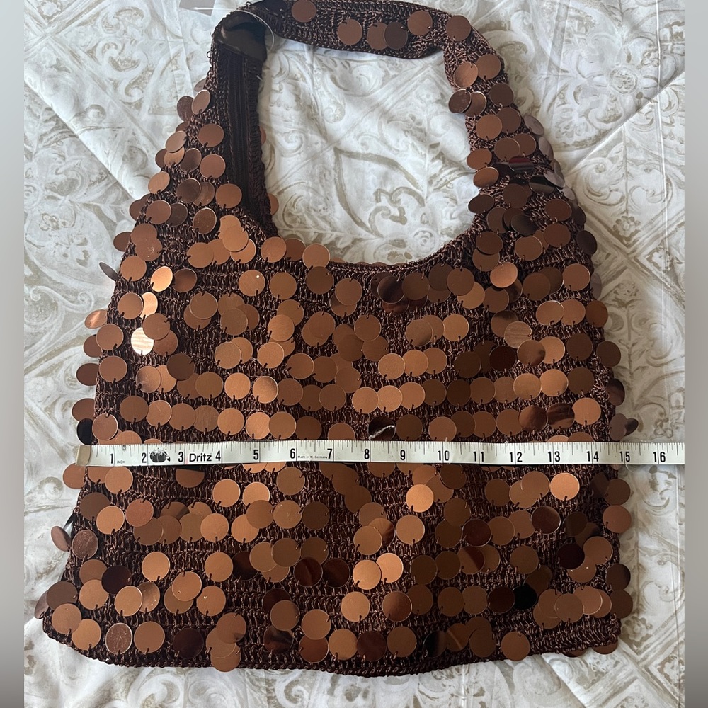 NWT - Vintage Brown Sequins Baguette Crochet Bag, Shimmer 90’s Shoulder Purse - Picture 3 of 7